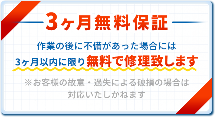 3ヵ月無料保証。作業の後に不備があった場合、3ヵ月以内に限り無料で修理致します。