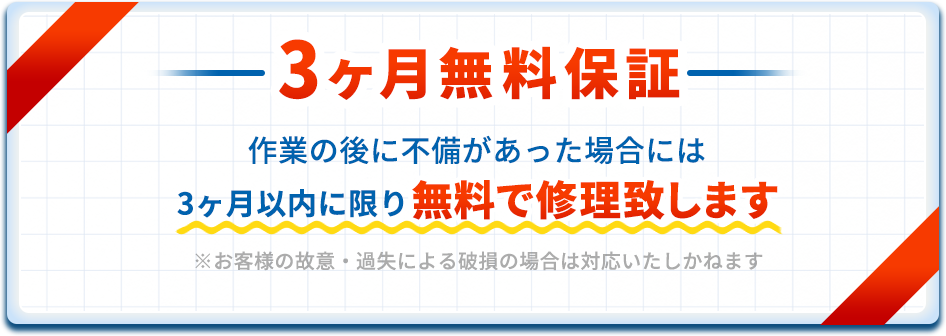 3ヵ月無料保証。作業の後に不備があった場合、3ヵ月以内に限り無料で修理致します。